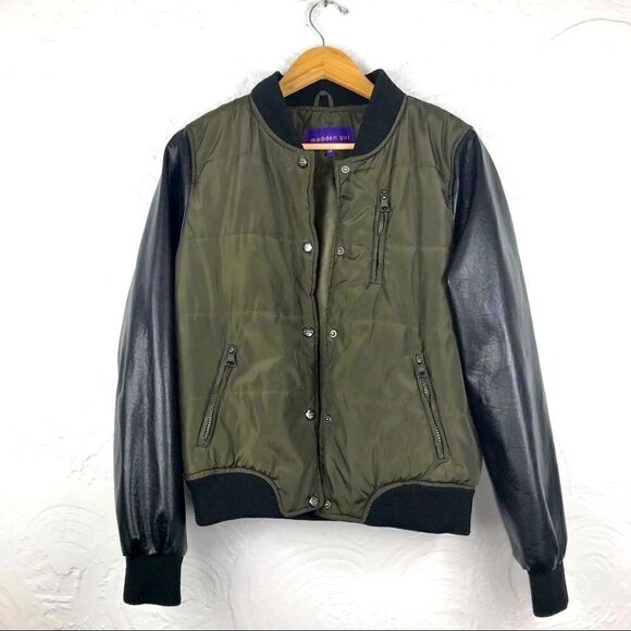 Madden Girl Olive Faux Black Leather Puffer Jacket - Picture 7 of 13